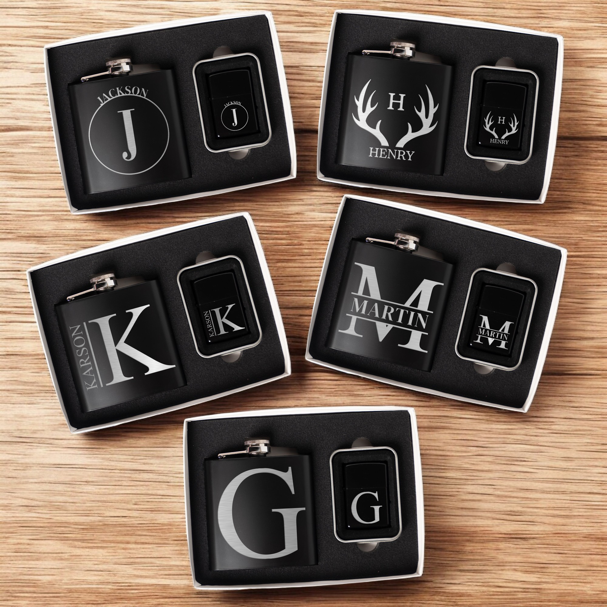 Black flask and lighter set arranged in foam insert - bachelor party gift