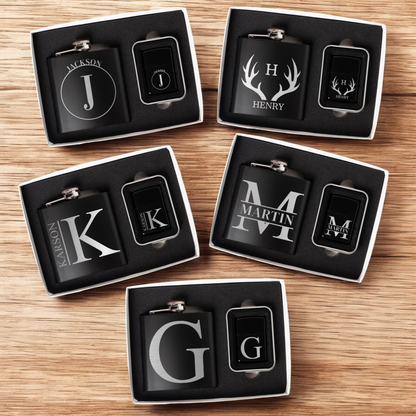 Black flask and lighter set arranged in foam insert - bachelor party gift