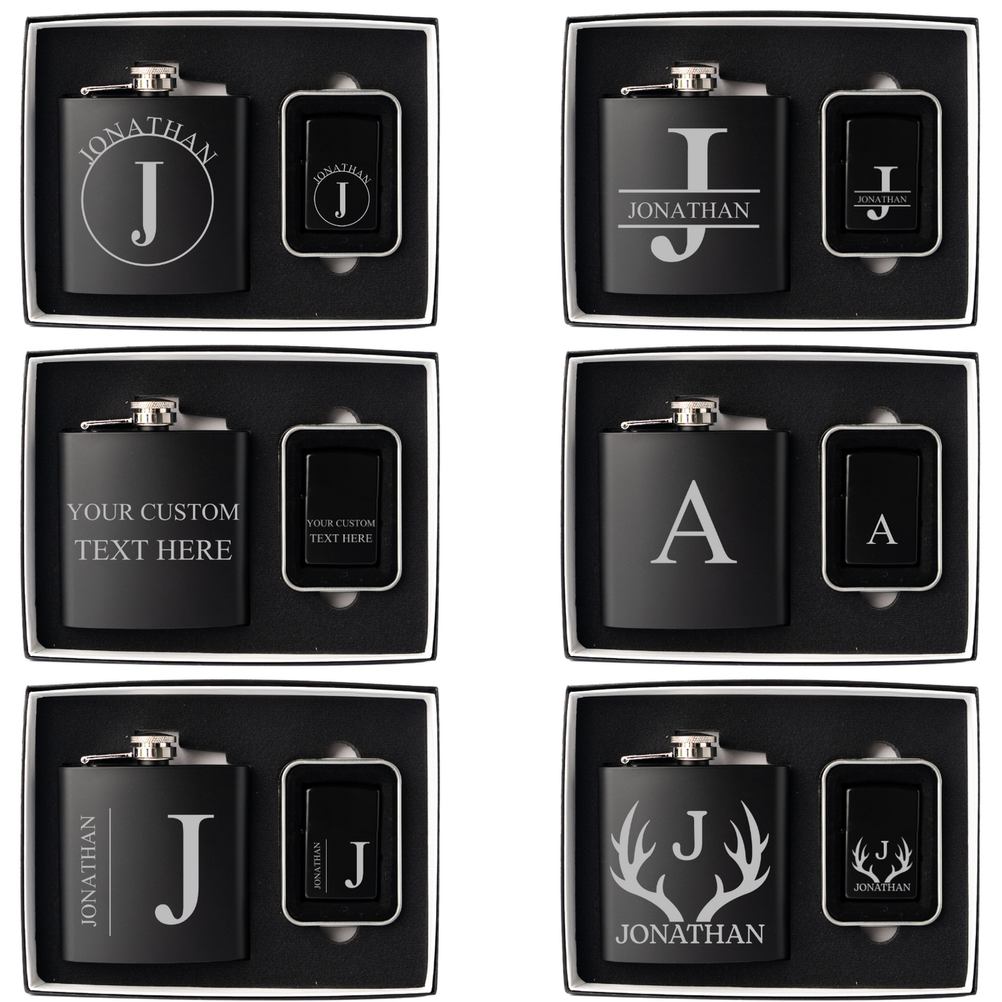 Engraved black flasks and lighters detail - best man gift set