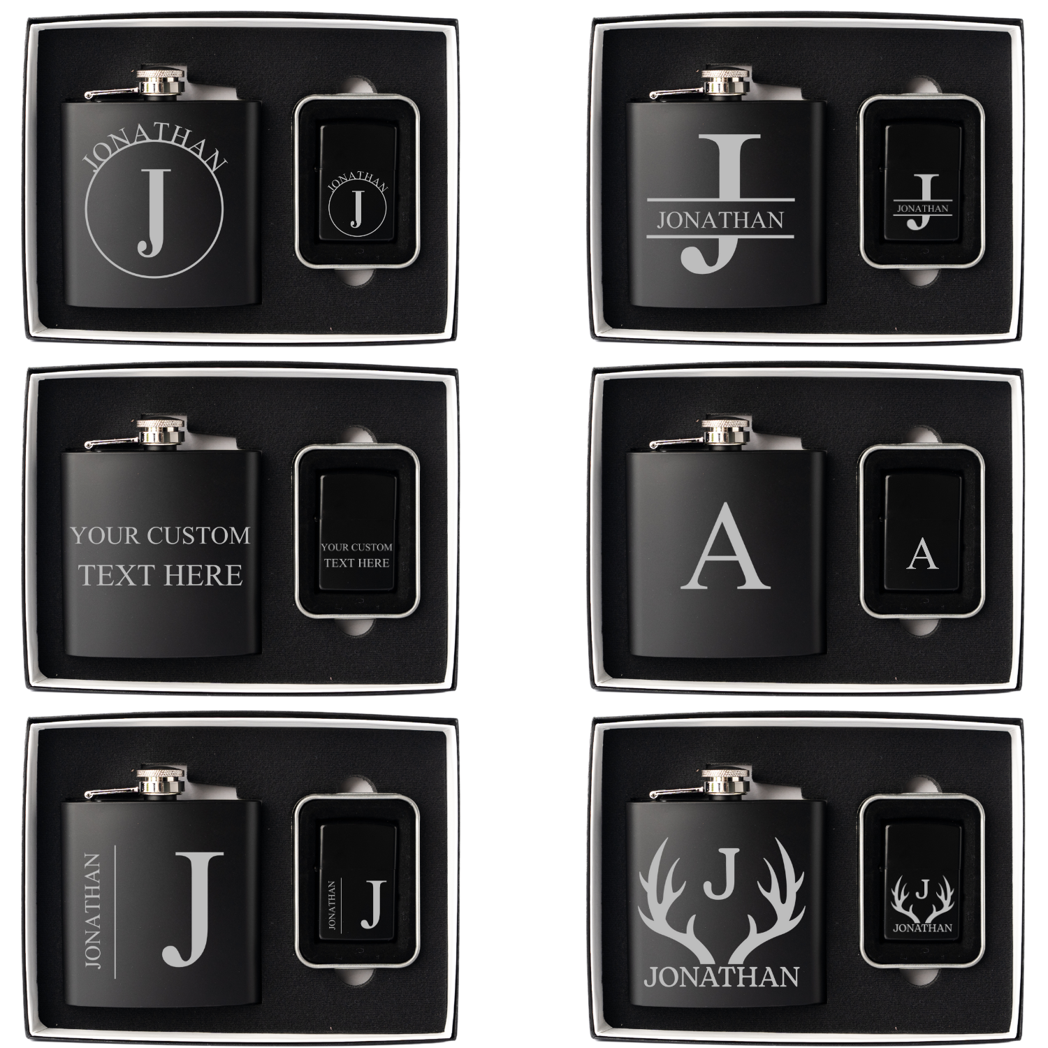 Engraved black flasks and lighters detail - best man gift set