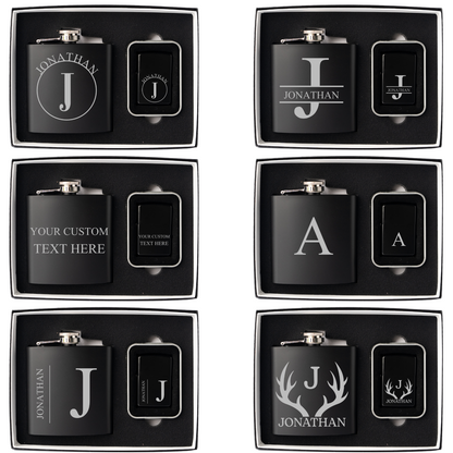 Engraved black flasks and lighters detail - best man gift set