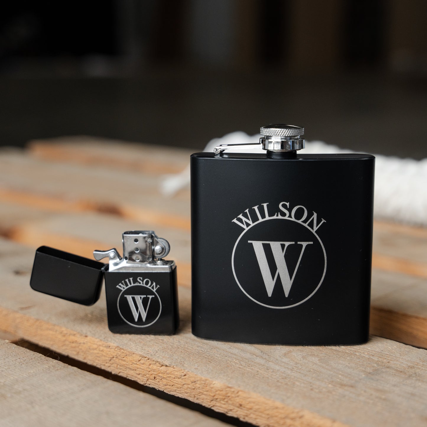 Custom flask and lighter monogram detail - personalized gift for him