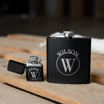 Custom flask and lighter monogram detail - personalized gift for him
