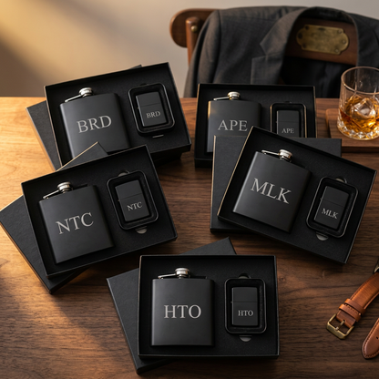 Set of 5 Personalized Black Flask and Lighter Sets - groomsmen gift box