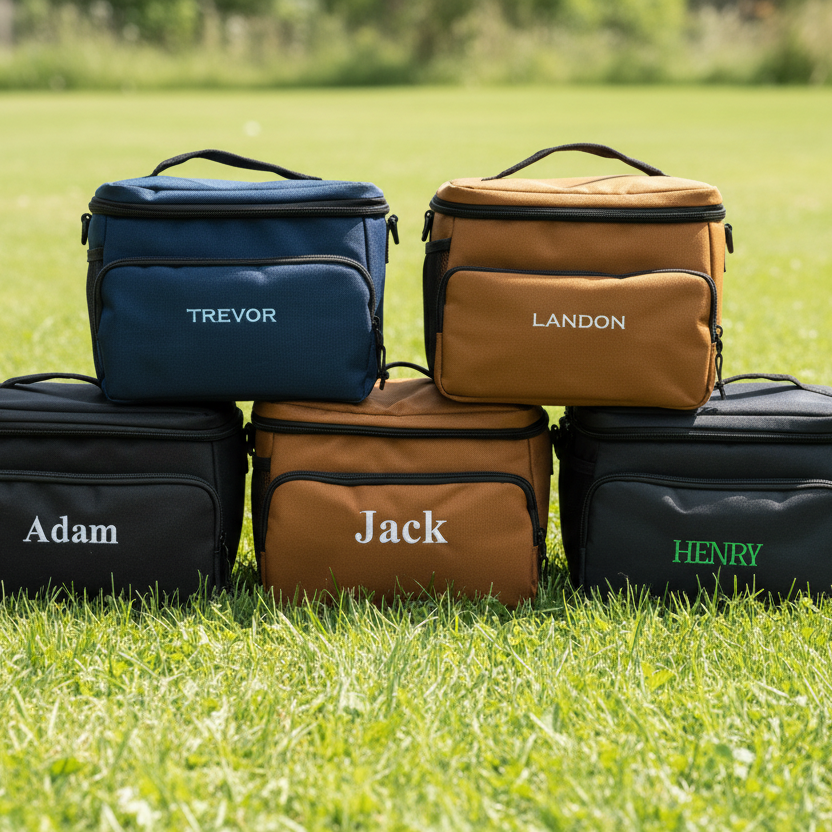 Stack of personalized cooler bags on grass