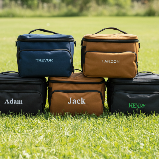 Stack of personalized cooler bags on grass