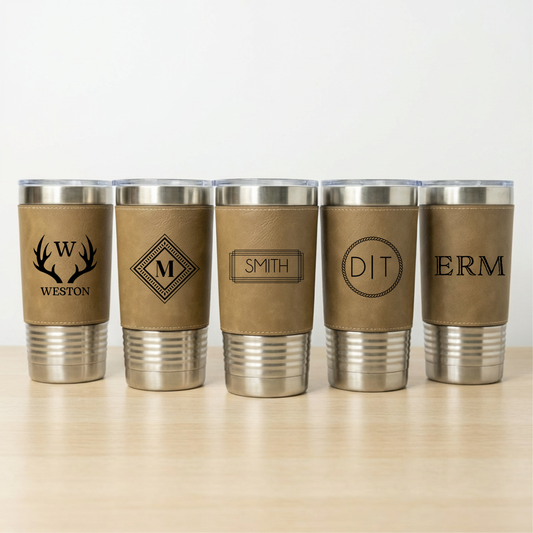 Set of 5 Leather Wrapped Stainless Tumblers - bulk groomsmen gift