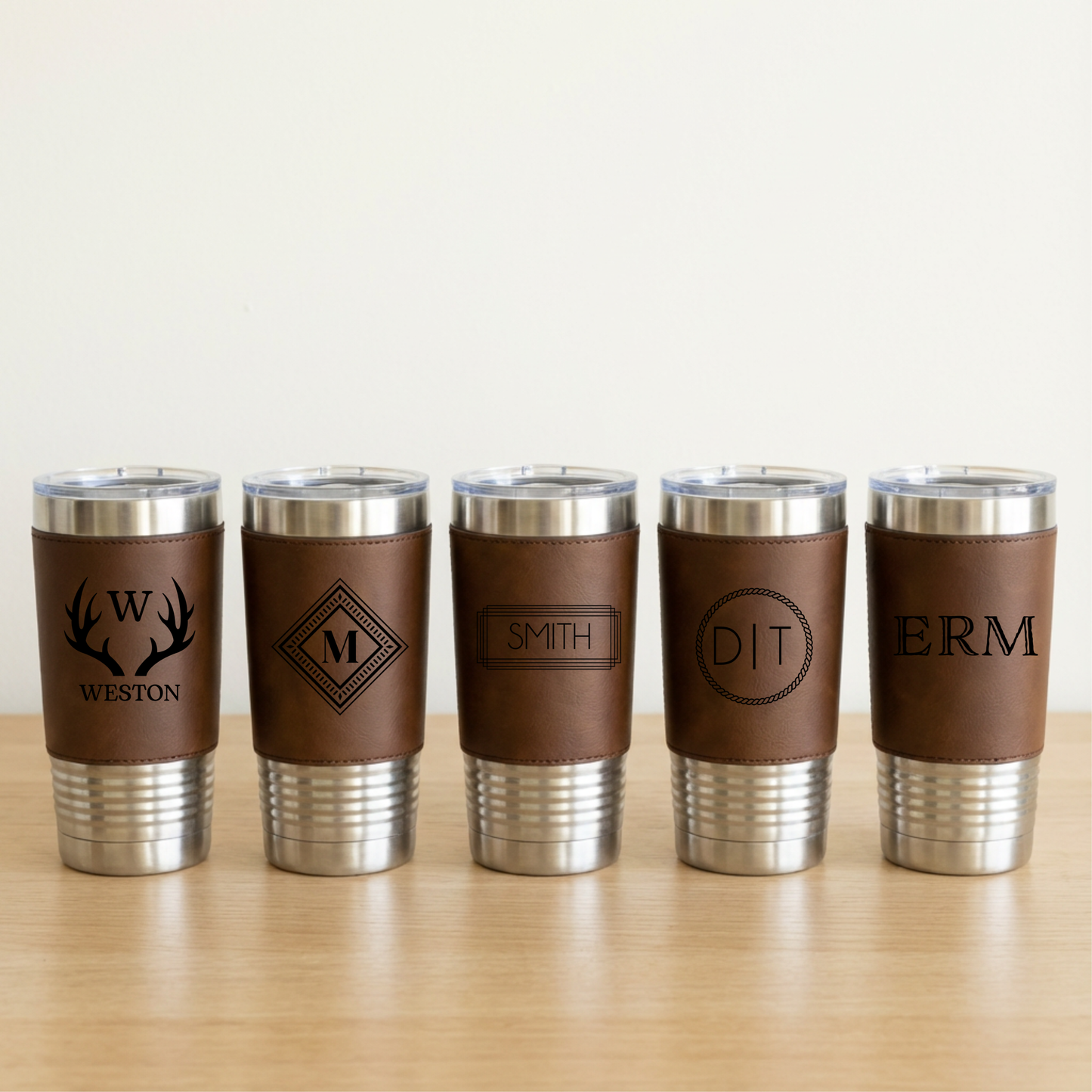Set of 5 Leather Wrapped Stainless Tumblers