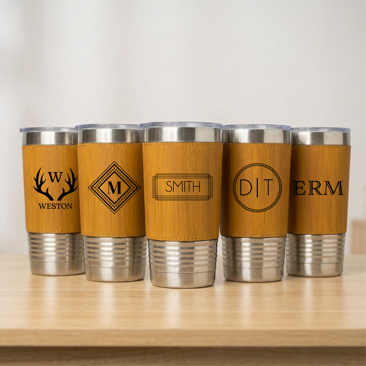 Set of 5 Leather Wrapped Stainless Tumblers