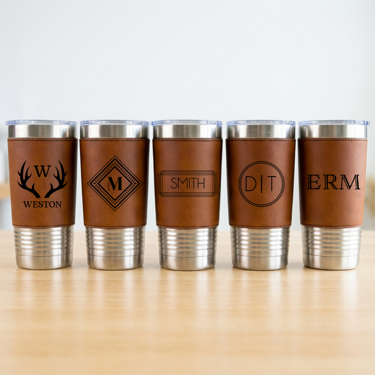 Set of 5 Leather Wrapped Stainless Tumblers