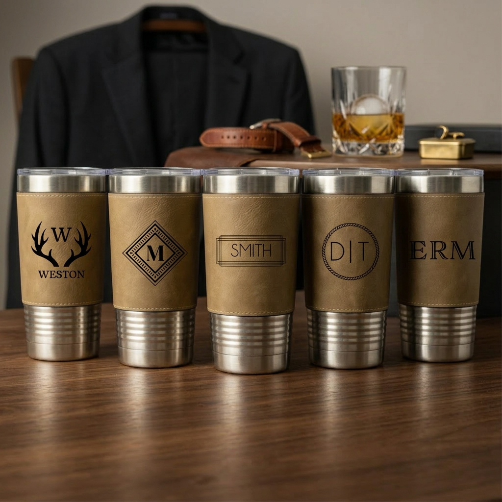 Set of 5 Leather Wrapped Stainless Tumblers