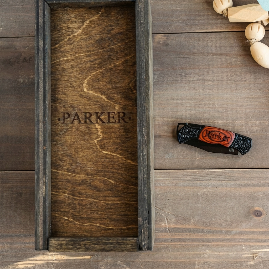 Custom engraved pocket knife in wooden gift box, best man gift