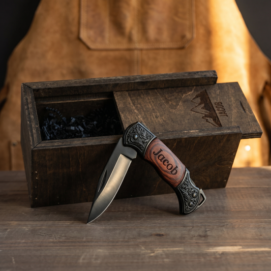 Personalized engraved pocket knife with rosewood handle and wooden gift box, leather apron backdrop