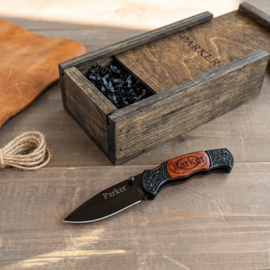 Personalized pocket knife with engraved wooden gift box - rosewood handle workshop hero
