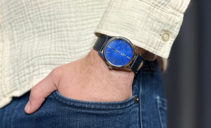 Blue Sunburst Watch on wrist with cuff, gift for the groom