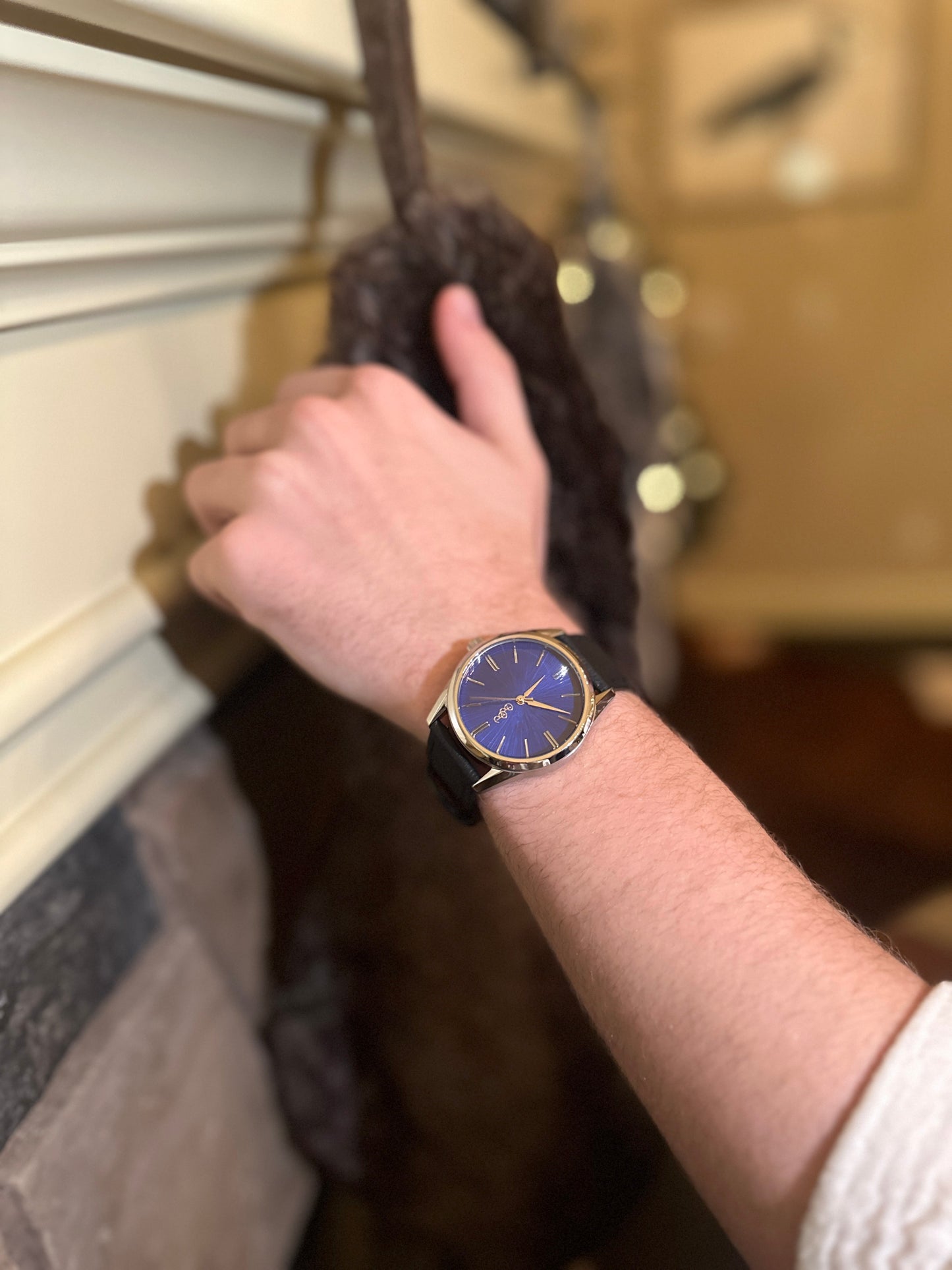 Blue Sunburst Watch caseback view, Christmas gift for him