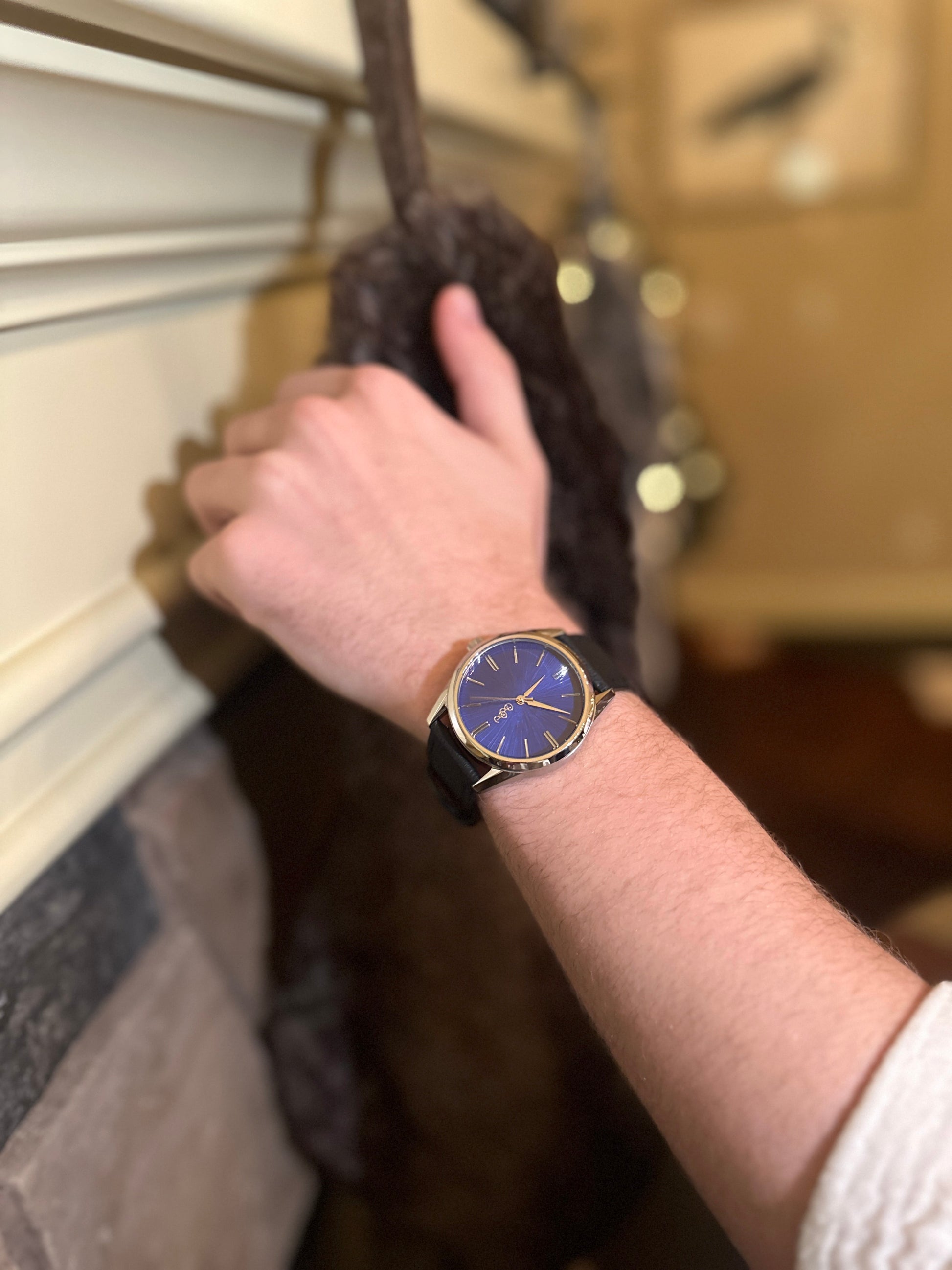 Blue Sunburst Watch caseback view, Christmas gift for him