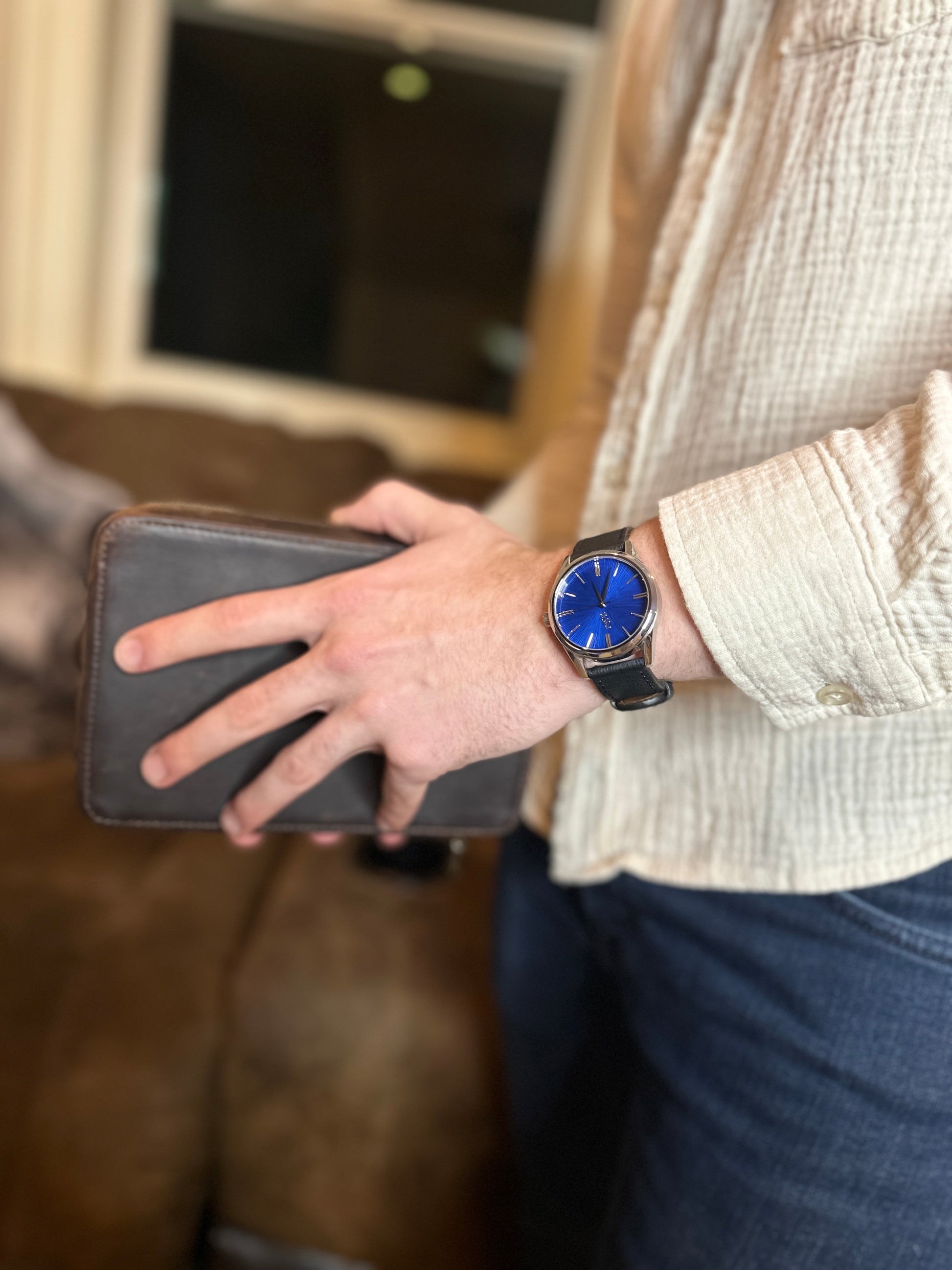 Blue Sunburst Watch side profile detail, gift for him