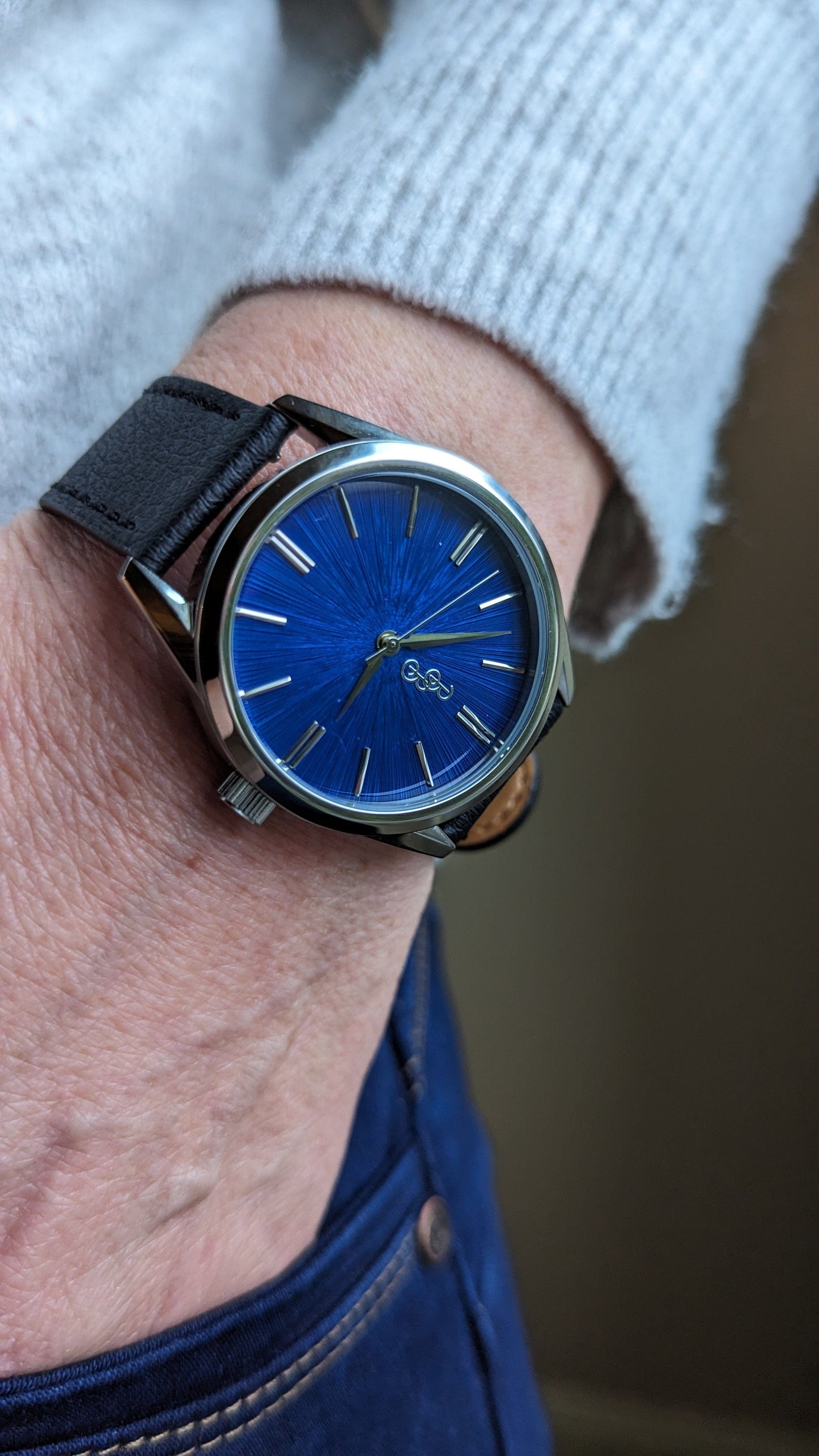 Blue Sunburst Watch lifestyle shot, birthday gift for him