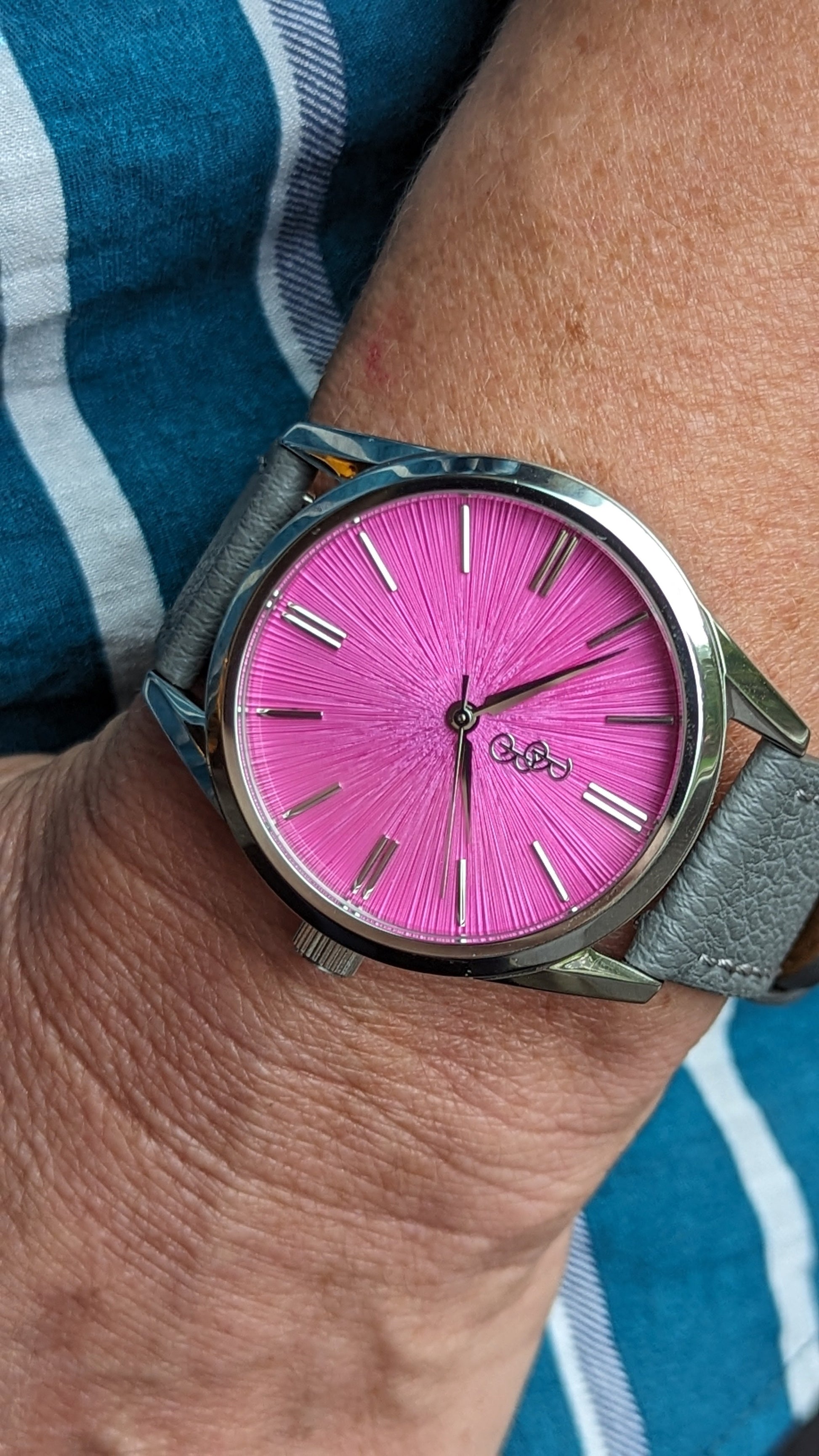 Pink Sunburst Watch side profile detail, birthday gift idea