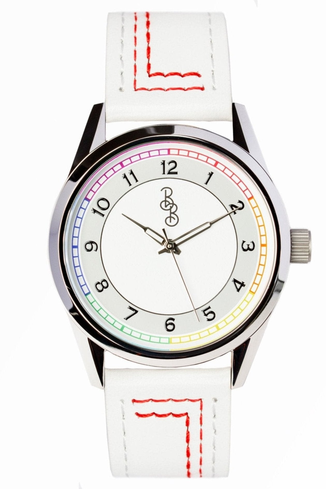 39mm Rainbow Classic watch on white leather strap, gift for him