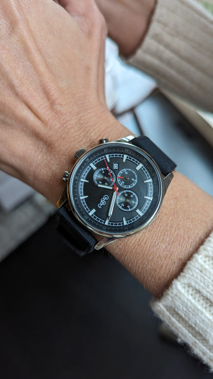 Black sport chronograph side profile case detail view