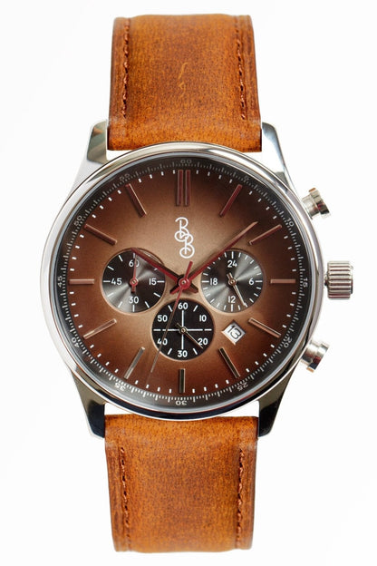 Brown Retro Chronograph dial close-up, groomsmen watch gift