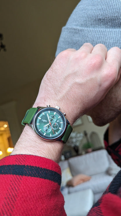 Green Sport Chronograph side profile detail, birthday gift for him