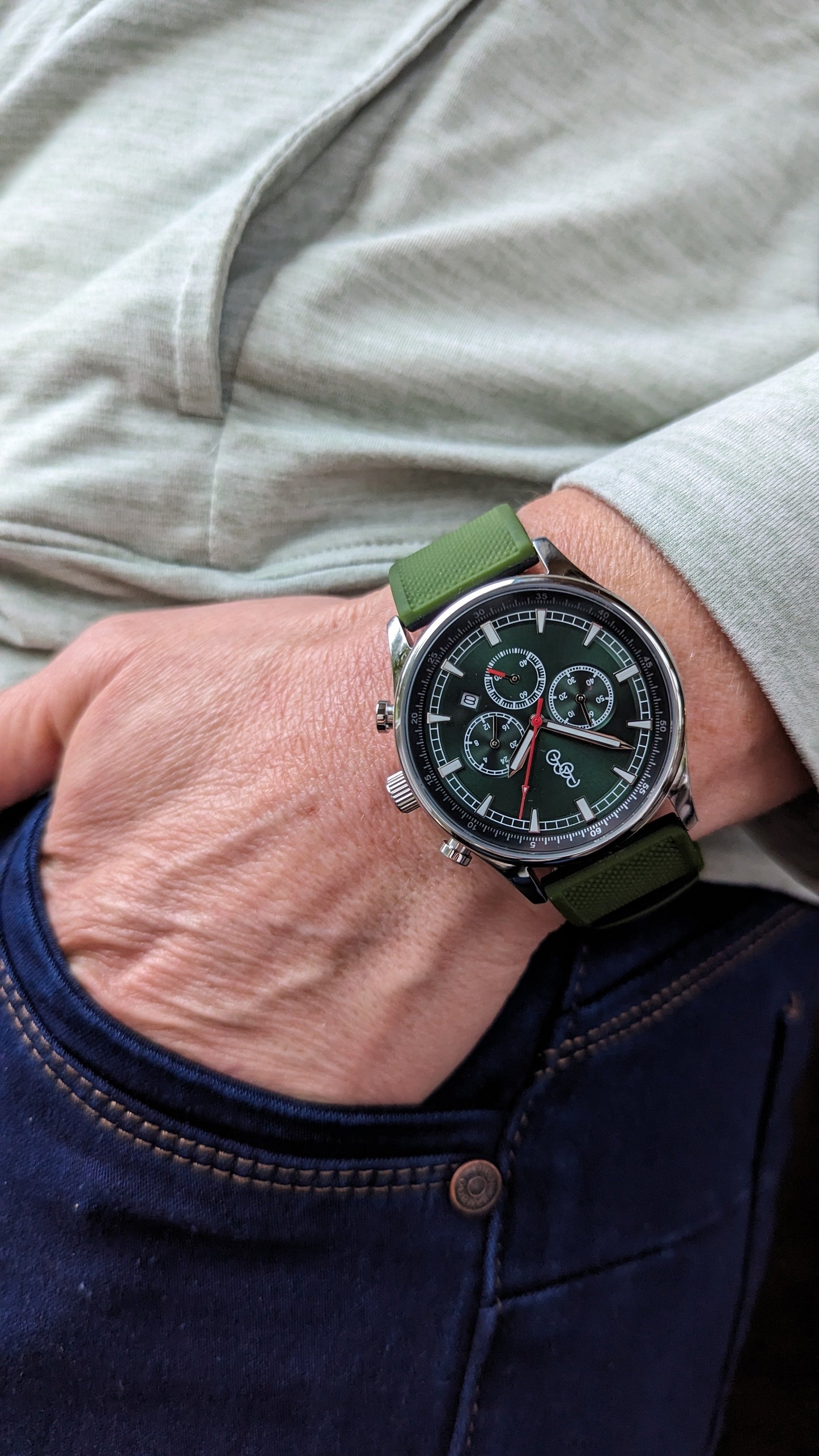 Green Sport Chronograph on brown leather strap, gift for him