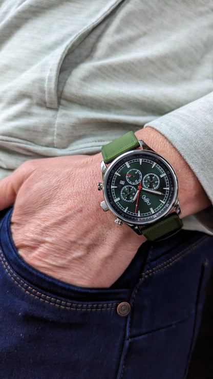 Green Sport Chronograph on brown leather strap, gift for him