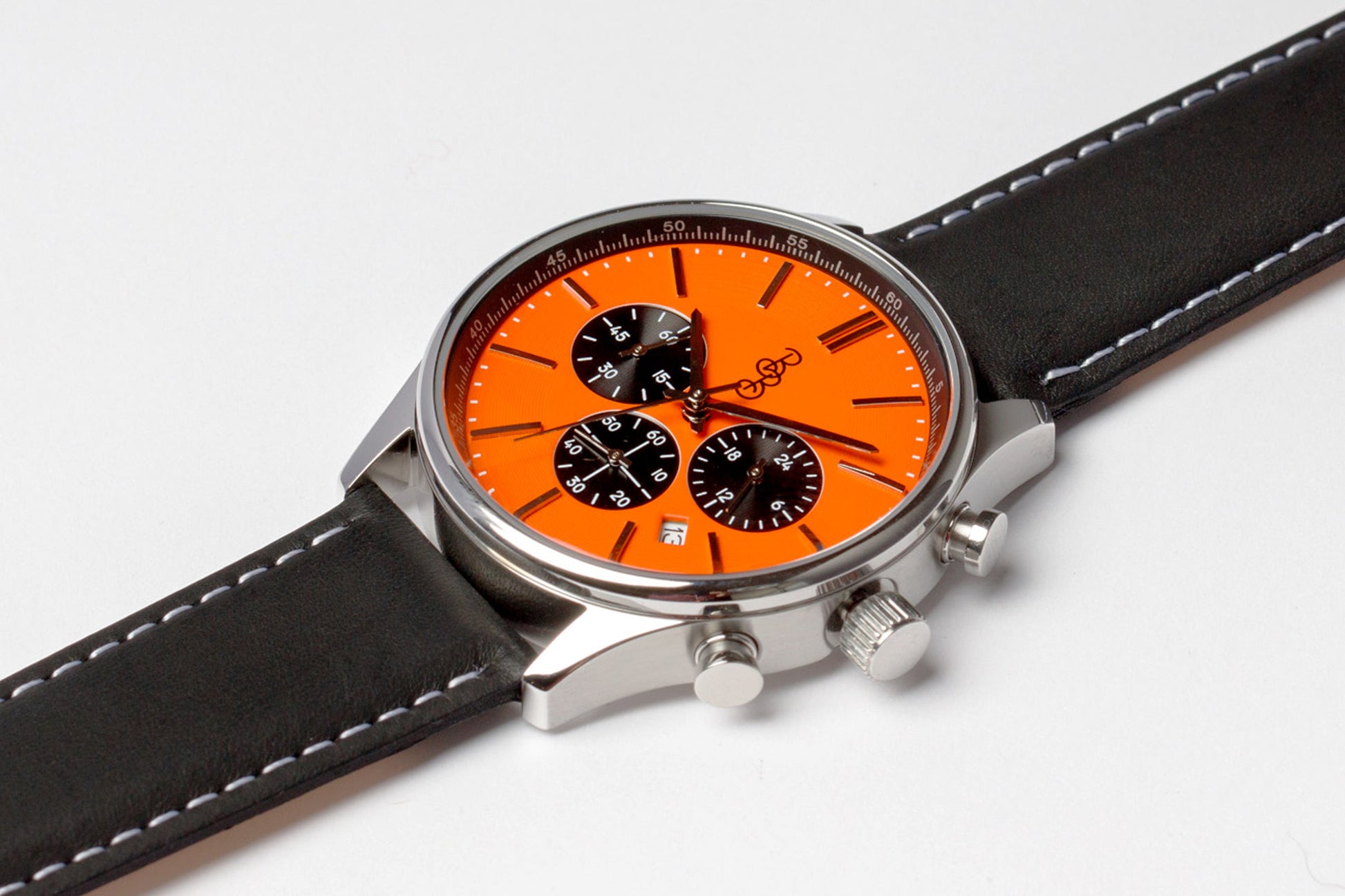 Orange and Black Chronograph caseback view, wedding day gift for him
