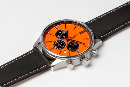 Orange and Black Chronograph caseback view, wedding day gift for him