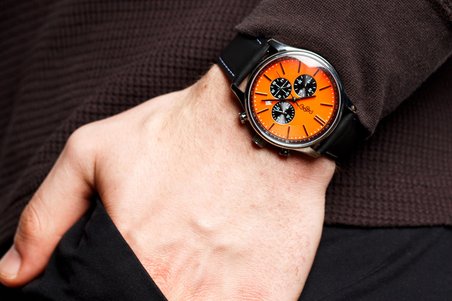 Orange and Black Chronograph side profile detail, birthday gift for him
