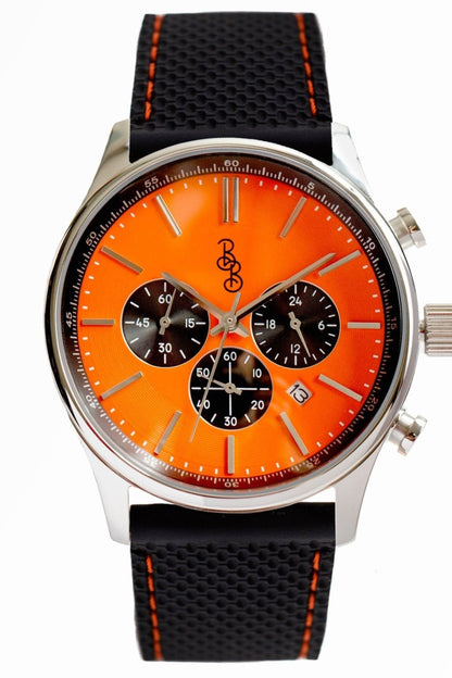 Orange and Black Chronograph dial close-up, groomsmen watch gift