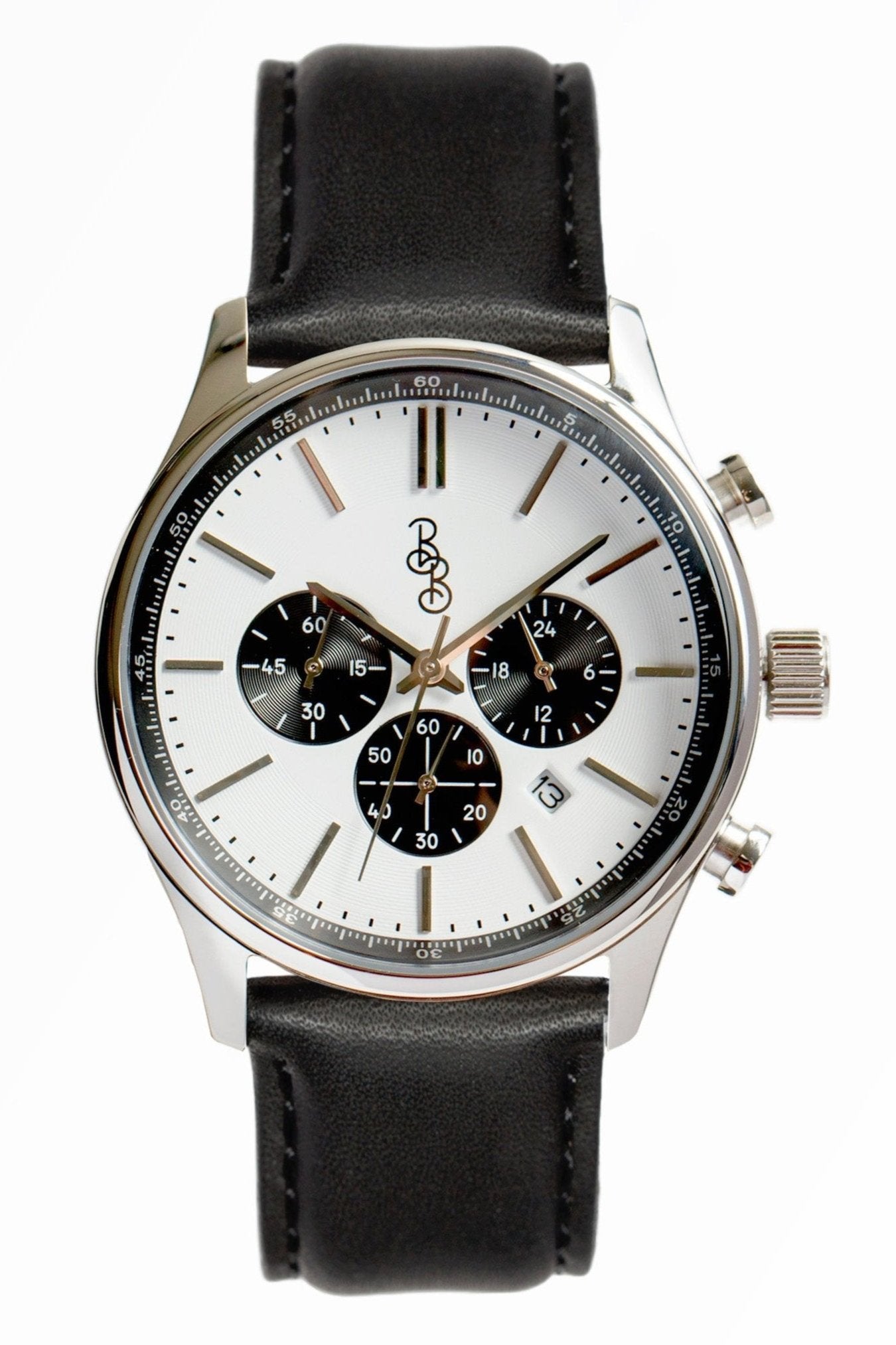 41mm white and black chronograph watch on leather strap, gift for him