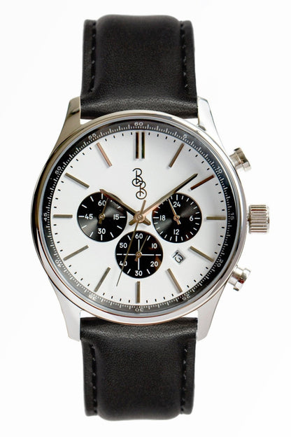 41mm white and black chronograph watch on leather strap, gift for him