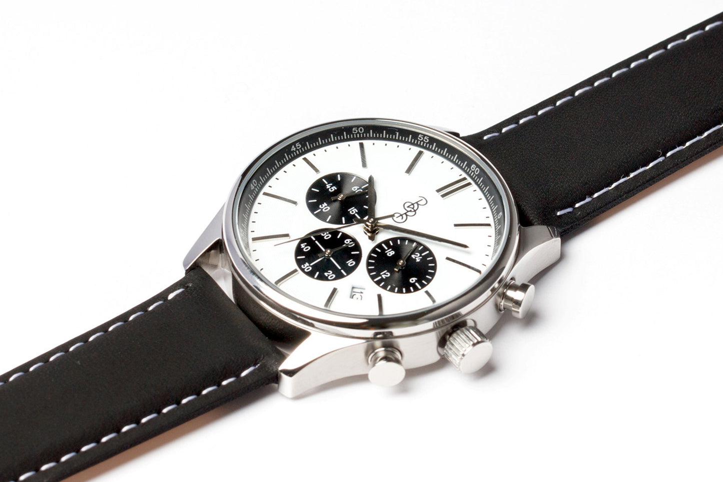 White and black chronograph stainless steel bracelet detail view