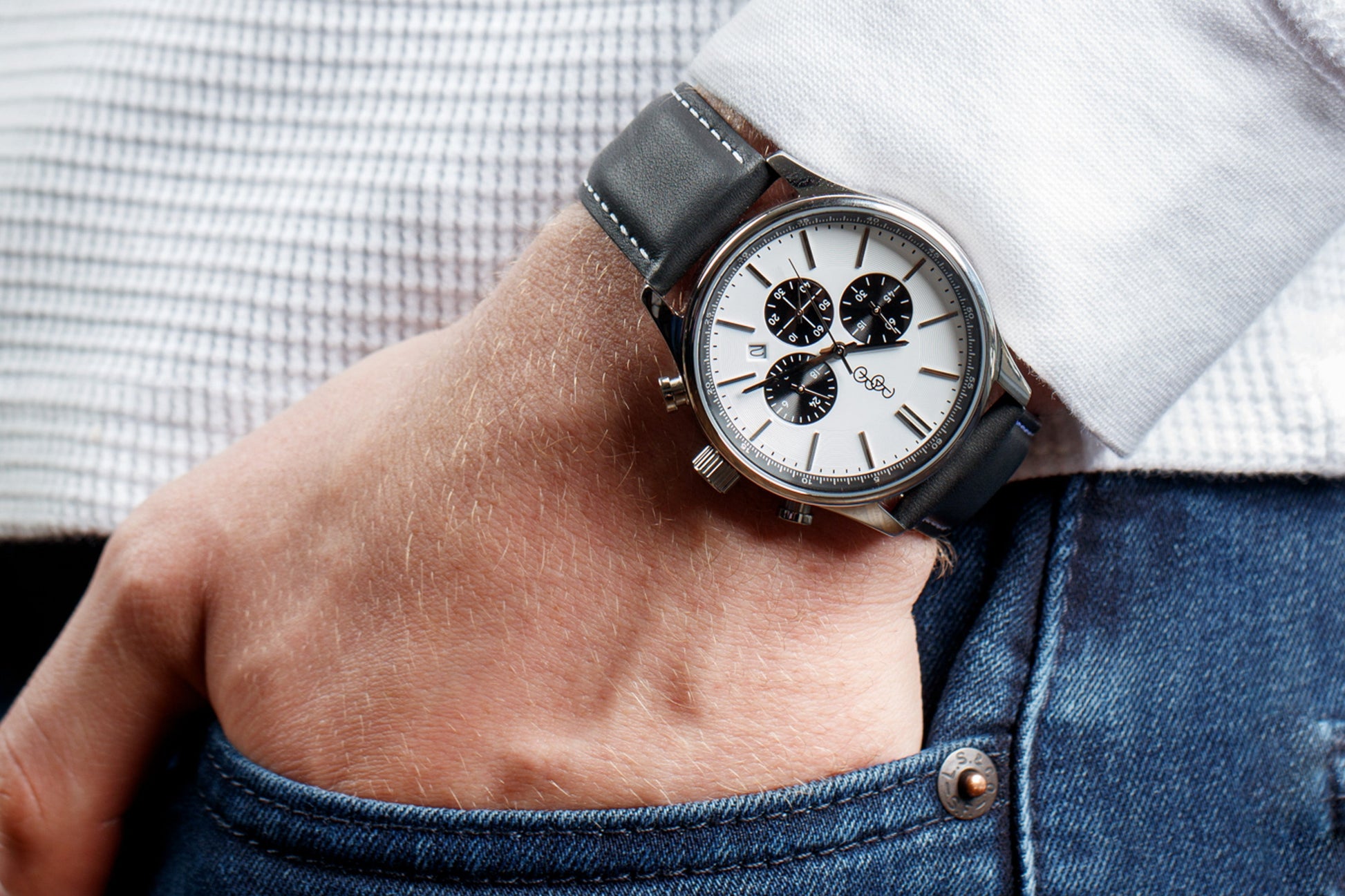 White dial chronograph watch detail view, Father's Day gift for him