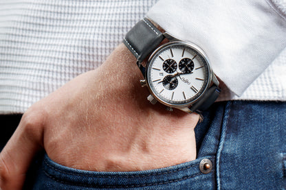 White dial chronograph watch detail view, Father's Day gift for him