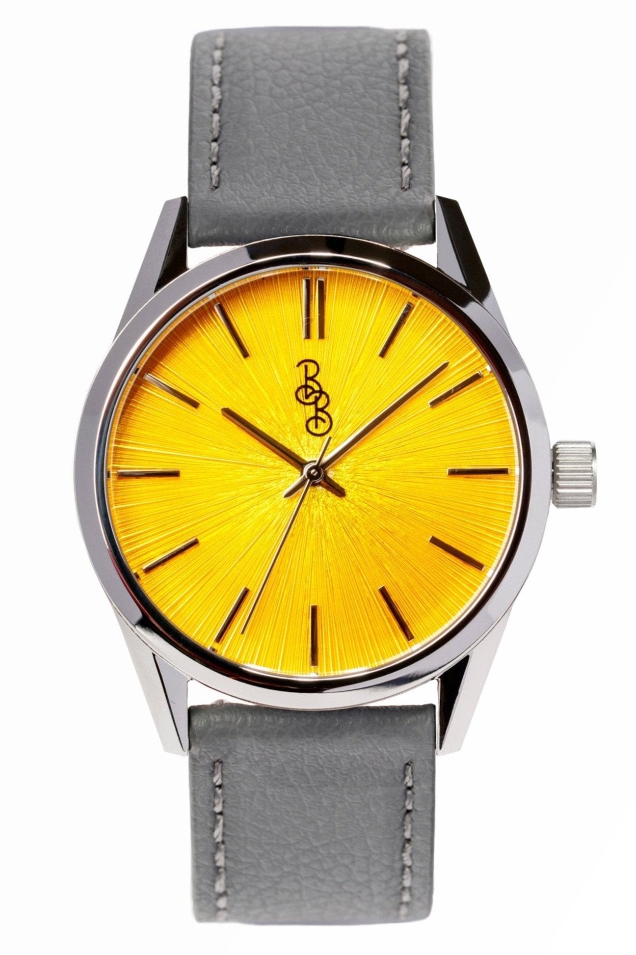 Yellow sunburst dial watch face close-up, Father's Day gift