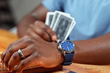 Blue Classic Watch lifestyle shot, birthday gift for him