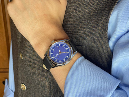 Blue Classic Watch on wrist with cuff, anniversary gift for him