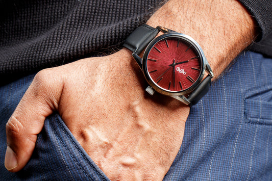 Burgundy Sunburst Watch on appleskin strap - gift for him
