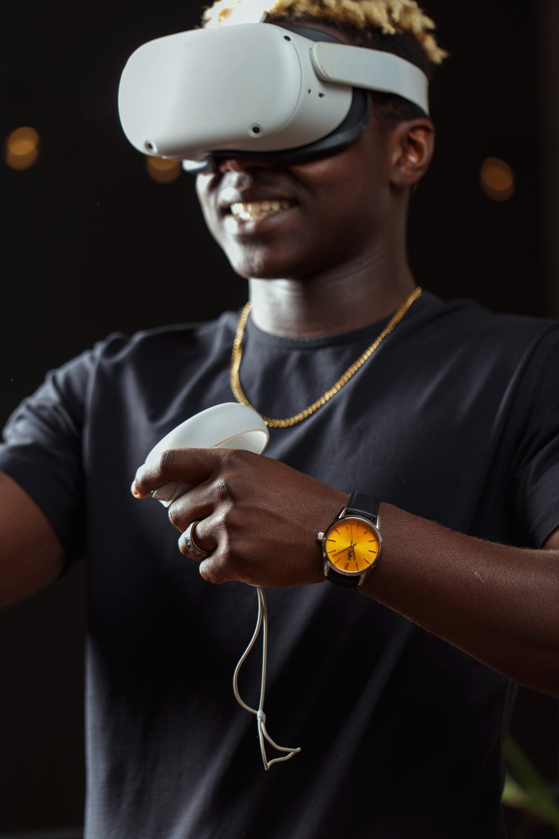 Yellow Sunburst Watch on wrist, anniversary gift for him