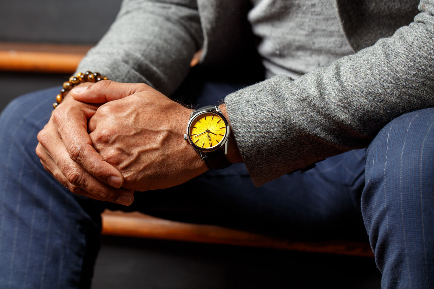 Yellow Sunburst Watch side profile detail, birthday gift for him