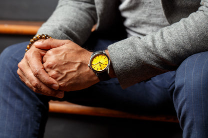 Yellow Sunburst Watch side profile detail, birthday gift for him