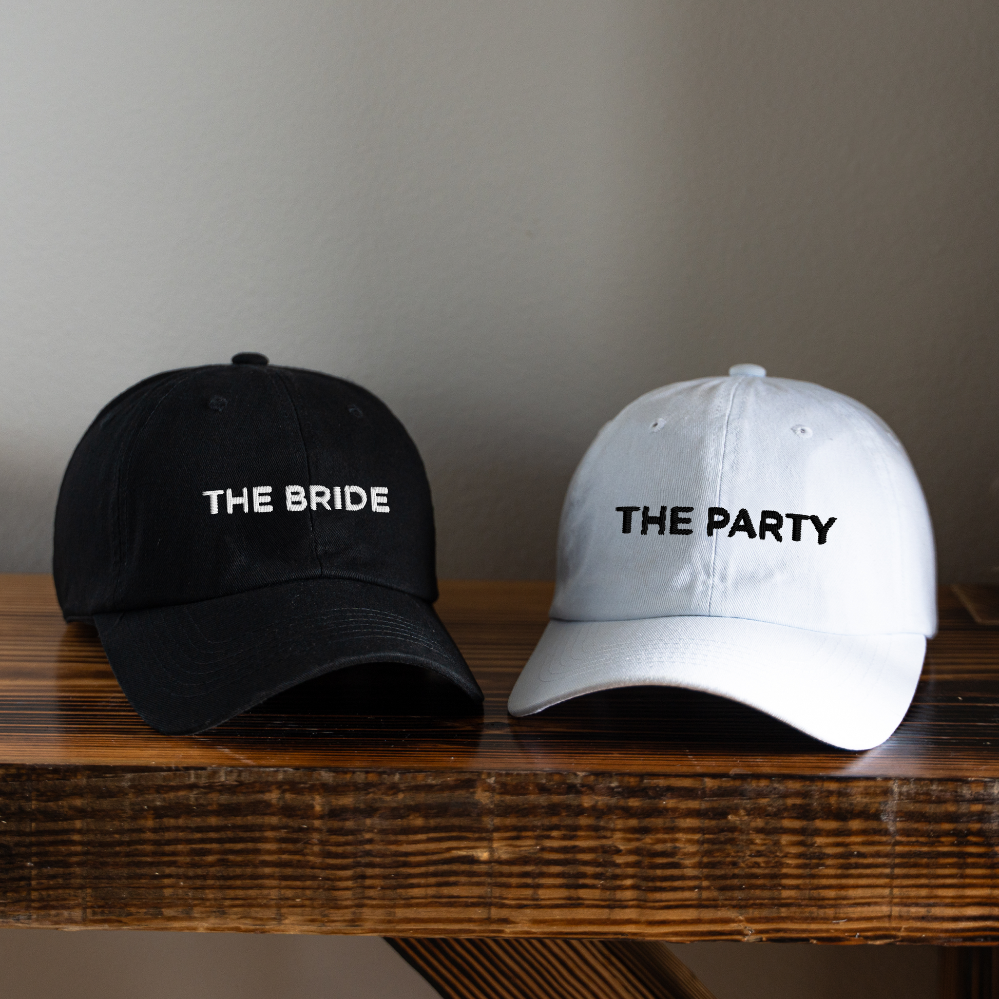 The bride and the party hats black and white