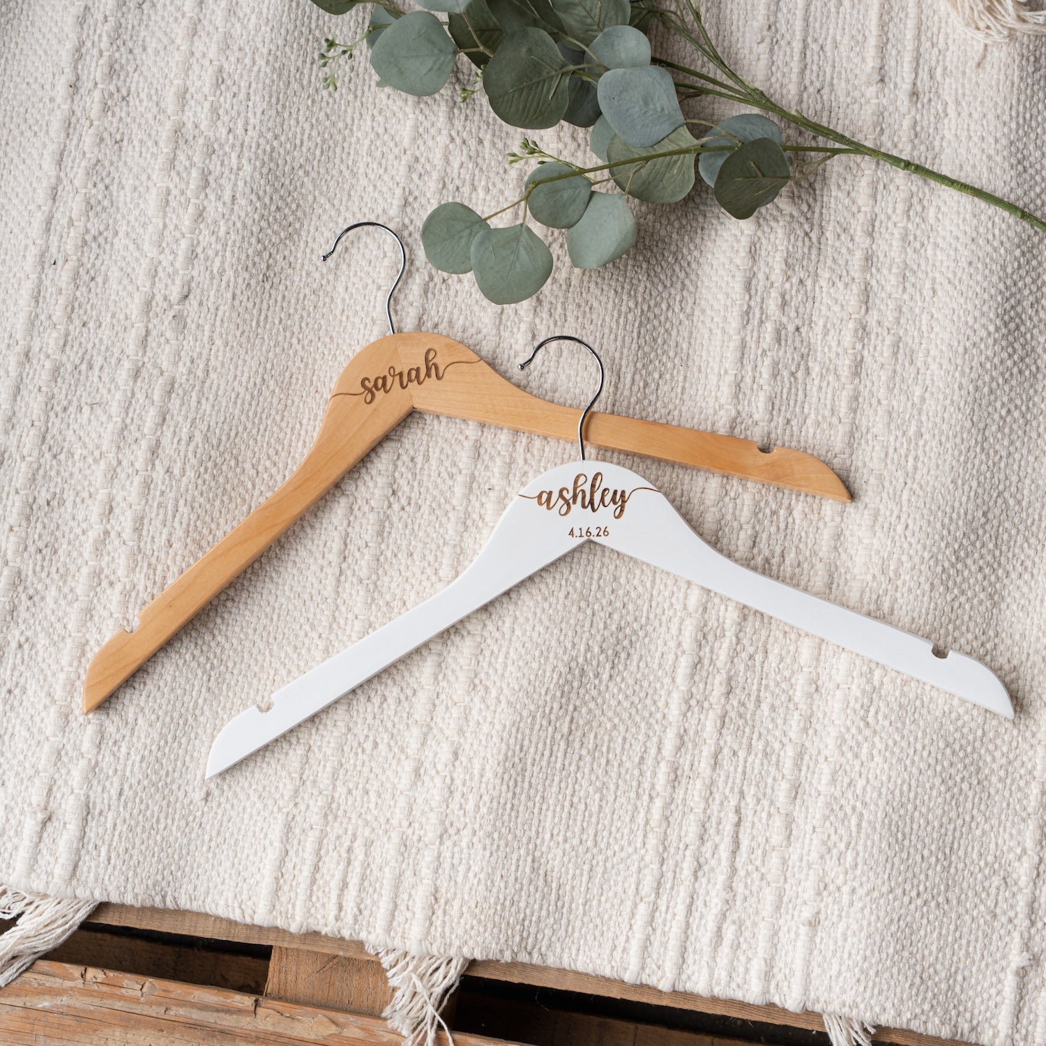 White wedding hanger engraved with name bride wedding keepsake