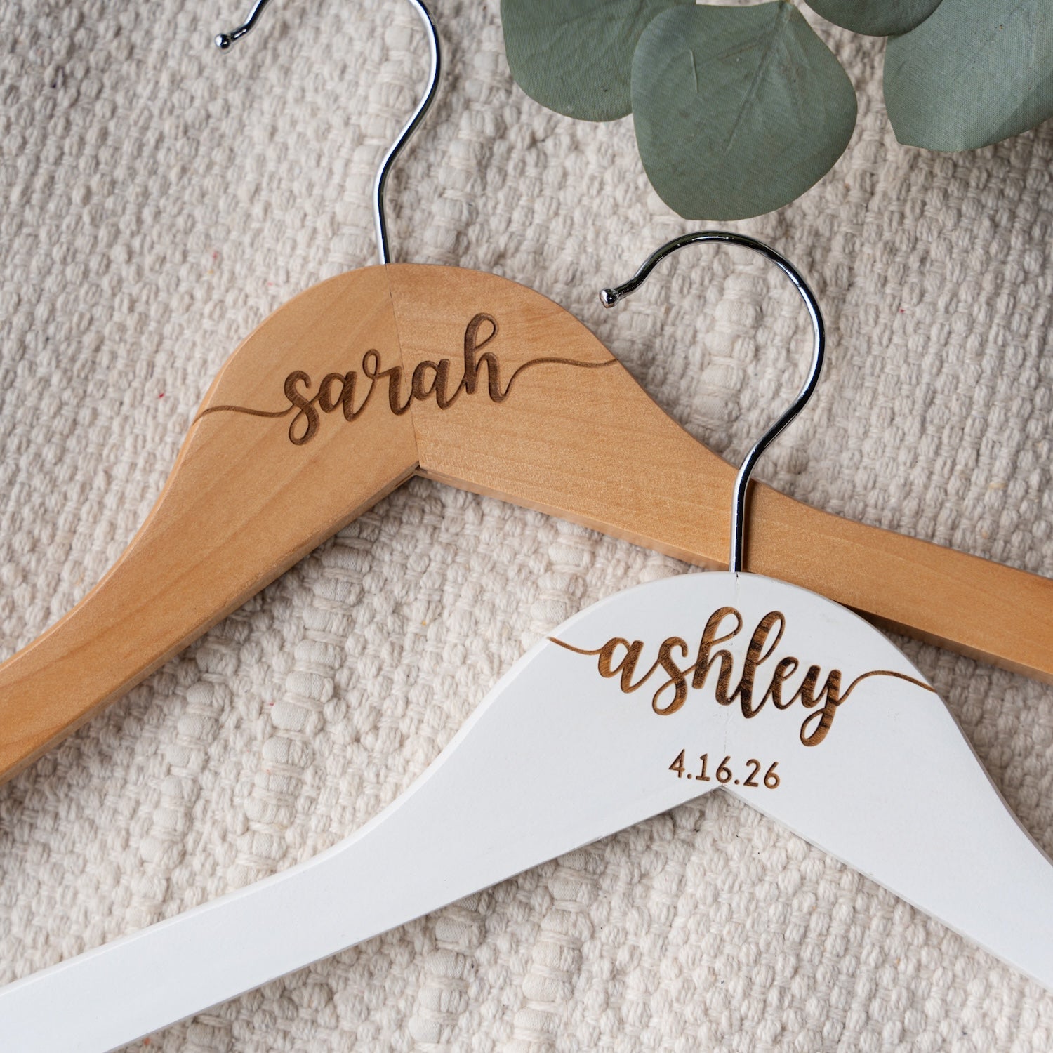 Personalized wedding hanger detail bride name engraving