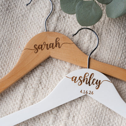 Personalized wedding hanger detail bride name engraving